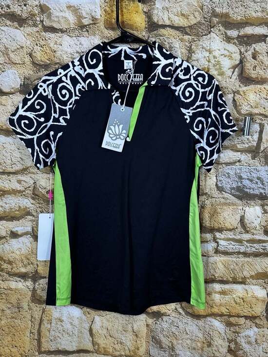 Dolcezza Tops - Dolcezza Golf Wear  Polo Shirt - Black and White Patterned with Lime Green Trim
